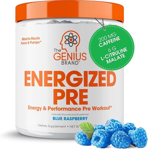 [BRSRA2QLBEDRO3L3] Genius Energized Pre Workout Powder – Caffeine Infused Pre-Workout Booster supplement with Beta Alanine " Alpha GPC, no Artificial Sweeteners or Dyes - 200mg Caffeine, 20 Servings, Blue Raspberry