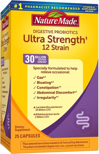 [BRSWGEA6BZ7QO23L] Nature Made Ultra Strength 12 Strain Digestive Probiotics, Probiotics for Women and Men, 25 Probiotic Capsules, 25 Day Supply