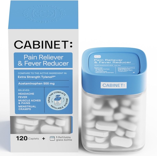 [BRSROEL2CENAKCQ6] Cabinet: 500mg Acetaminophen for Headache Relief, Toothaches, Sore Throat, and Fever Reducer, Includes 1 Refillable Medicine Jar, 120 Tablets (Starter Kit)