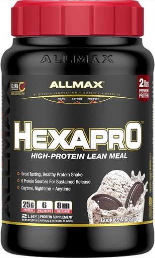 [BRSWYZQBBUCW23DG] ALLMAX HEXAPRO, Cookies & Cream - 2 lb - 25 Grammi di Proteine Per Serving - 8-Hour Sostenute Release - Zero Sugar - 21 Serve