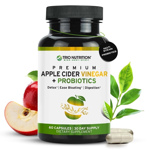 [BRSWGFT2BN6BM23P] TRIO NUTRITION Apple Cider Vinegar Capsules with Multi-Strain Probiotics - Natural Sugar Free ACV Capsules with The Mother for Gut Health, Immunity, Body Cleanse & Healthy pH - Metabolism Booster*
