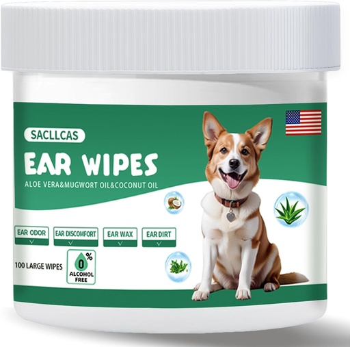 [BRSRAYDQPMJWAA36] Dog Ear Cleaner Wipes 100 Count, Gentle pH Balanced for Ear Wax, Odor & Itch Relief, Hypoallergenic Alcohol-Free with Aloe Vera, Safe for Puppy Ears