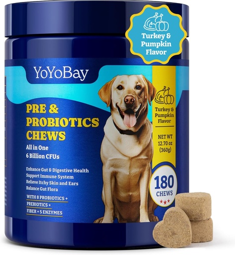 [BRSRAHTQAB7GM2D4] Probiotics for Dogs - 6 Billion CFUs, Dog Probiotics with Prebiotics & Digestive Enzymes for Gut, Immune & Skin Health - Turkey & Pumpkin Flavor, 180 Soft Chews