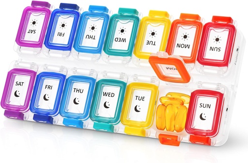[BRSRAEIDBEPGC33F] Fullicon Moisture Proof Pill Organizer 2 φορές την ημέρα, Big Pill Box 7 ημέρα, Spill Proof Pill Υπόθεση, Travel Pill Container, Medicine Pill Organizer με Ασφαλείς Λίδες, Daily Pill Organizer (Ουράνιο τόξο σαφές)