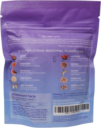 [BRSRMBQLOEMB423H] Highvibe Mushrooms Limitless Mushroom Powder, 10-in-1 Mushroom Blend, Full Spectrum Mycelium and Fruiting Body, Organic, Vegan, Kosher, GF, Focused Energy