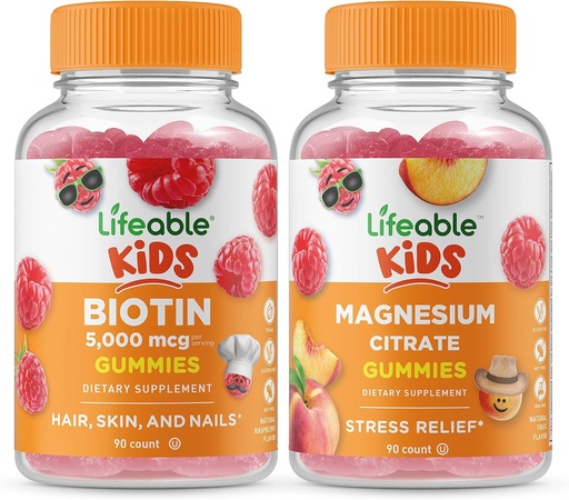 [BRSROZIFCUHQ43DO] Lifeable Biotin Kids + Magnesium Citrate Kids, Gummies Bundle - Great Tasting, Vitamin Supplement, Gluten Free, GMO Free, Chewable Gummy