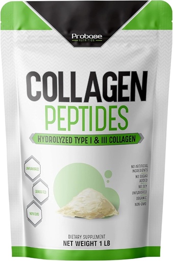 [BRSWYFQFPMGQ42T2] Probase Nutrition Collagen Peptides Powder (Type I, III) para Skin Hair Nail Joint, Hidrolyzed for Better Collagen Absorption, Non-GMO Verified, Keto Friendly y Gluten Free, White, 16 Oz