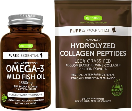 [BRSW2CQDOUNG22DP] Yüksək Aboreksiya Omega-3 Wild Fish Oil 1360mg & Advanced Hydrolyzed Collagen Peptides Paket, 1000mg EPA və Astaxanthin ilə DHA və 100% Çim Fed Bovine Kollec Protein Toz, Igennus