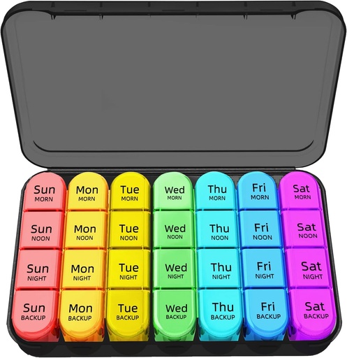 [BRSRMAIOCN5QKCT6] Zoksi 7 Day Pill Organizer 4 Times a Day, Weekly Pill Box, Travel Pill Case, Daily Medicine Organizer, Medication Container with 28 Portable Compartments for Fish Oils, Vitamins or Supplements (Black)