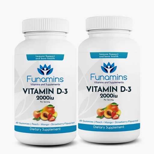 [BRSW2BDYDF7WO2T7] Vitamin D3 Gummies, 2-Pack, 60 Count Each, 2000iu per Serving, Supports Immune System and Bone Health; for Kids & Adults; Peach, Mango, Strawberry Flavors