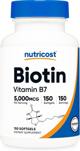 [BRSWGBAZPICRGHT4] Nutricost Biotin (5.000mcg) 150 Softgels - Vitamina B7 - Gluten Free, Non-GMO