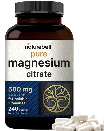[BRSWGZALO4JREYL2] NatureBell Pure Magnesium Citrate 500mg per 3 Capsules Serving Size, 240 Capsules per Bottle | High-Purity Elemental Form | Non-GMO, Gluten-Free