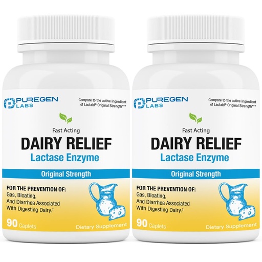 [BRSROGI6AV5QMCTK] Puregen Labs Dairy Relief Natural Fast Acting Lactase Enzyme 3000 FCC, Lactose Intolerance Pills | 2 Pack - 180 Caplets Total