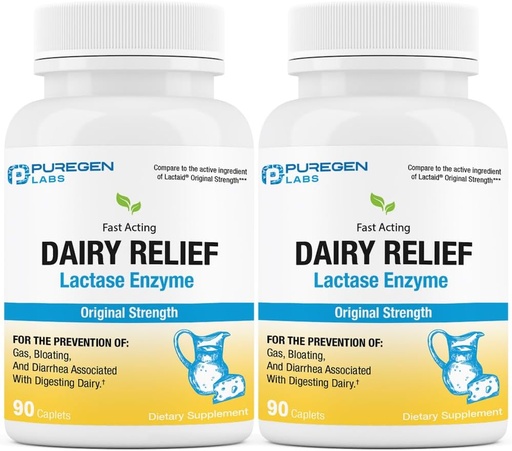[BRSROGI6AV5QMCTK] Puregen Labs Dairy Relief Natural Fast Acting Lactase Enzyme 3000 FCC, Laktose Intolerance Pills ® 2 Pack - 180 Caplets Totalt