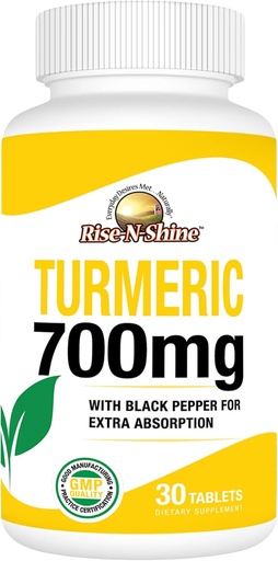 [BRSRMEAZPINAIALL] Rise-N-Shine 700 mg of Turmeric Curcumin with Black Pepper - Herbal Supplements for Skin and Joint Support - 30-Day Supply