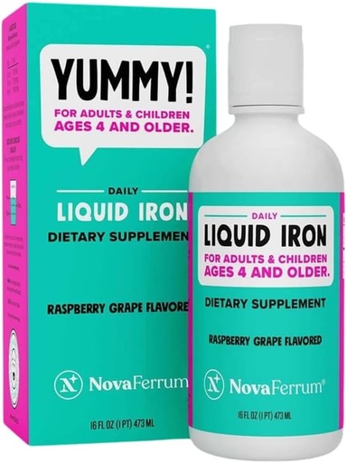 [BRSROCDQARYA2ALB] NovaFerrum Yummy 16 Fl Oz | Liquid Iron Supplement for Ages 4 & Up | 18mg of Iron/Tbsp | Gluten Free | Sugar-Free | Raspberry Grape