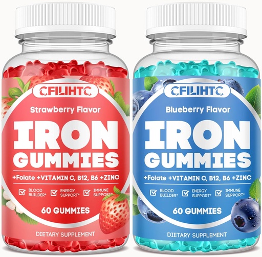 [BRSRAAT3OAOQM3AV] 성인 & 아이 철 보충교재 딸기 블루베리 풍미를 위한 2 팩 철 Gummies