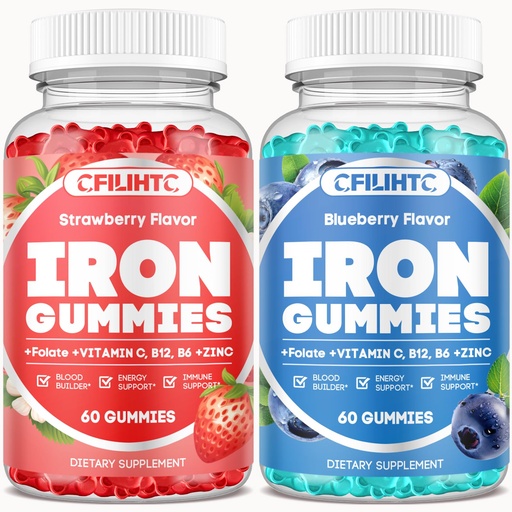 [BRSRAAT3OAOQM3AV] 2 Pack Iron Gummies for Adults & Kids Iron Supplement Strawberry Blueberry Flavor