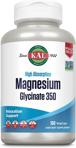 [BRSW2HT4AAFAYA33] KAL Magnesium Glycinate Capsules, Fully Chelated Magnesium Bisglycinate, High Absorption Magnesium Supplement, Healthy Bones, Muscle, Relax and Stress Support, Non-GMO 160 count