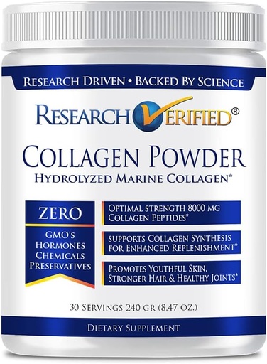 [BRSWYEIKDJ4AE3LF] Research Verified® Collagen Powder - Hydrolyzed Marine Collagen - Unflavored - Skin Hydration and Elasticity, Muscle Recovery, Non GMO - 30 Scoops Per Container - 1 Month Supply