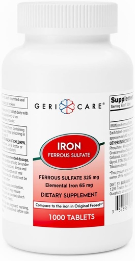 [BRSWKGQKAIAG2CY3] GeriCare Ferrous Sulfate Tablets 325mg, Elemental Iron 65 mg High Potency Iron Supplement | Dietary Supplement 1000 Count. (Pack of 1)