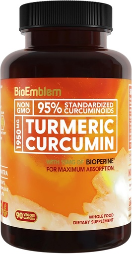 [BRSWGAAFDEPAAYDK] BioEmblem Turmeric Curcumin Supplement koos BioPerine | Ühine tugi ja südame tervis | orgaaniline kurkum pulber ja 95% kurkuminoidide ekstrakt | California valmistatud, mitte-GMO, 30-päevane pakkumine