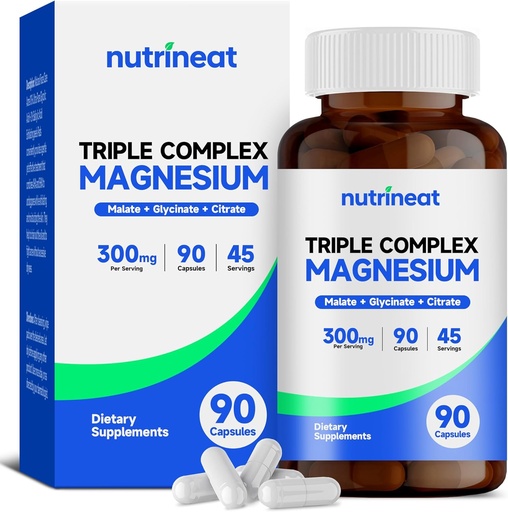 [BRSRAEIDCEHQGHLK] Triple Magnesium Complex (90 Capsules), 300mg of Magnesium Glycinate, Citrate & Malate for Muscles, Nerves, & Energy, High Absorption, Vegan, Non-GMO