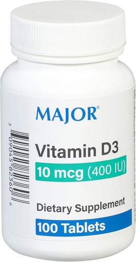 [BRSWGZT3A4GWEFAZ] MAJOR bitamina D3 10mcg (400 IU) - dauka 25mg Calcium - Dieta osagarria - 100 Tablet (1 paketea)