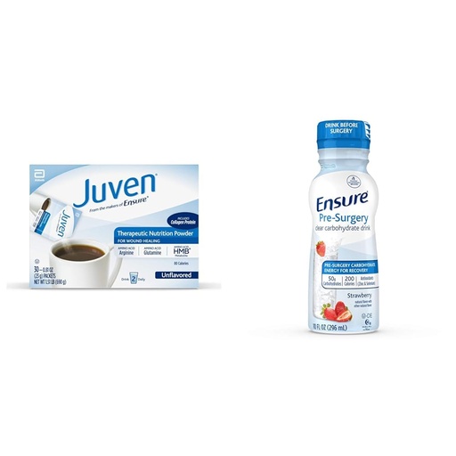 [BRSROCYOOQBGKD3U] Juven Therapeutic Nutrition Drink Mix Powder for Wound Healing Support, Includes Collagen Protein, Unflavored, 30 Count & Ensure Pre-Surgery, Clear Carbohydrate Drink, Strawberry, 10 Fl Oz (Pack of 4)