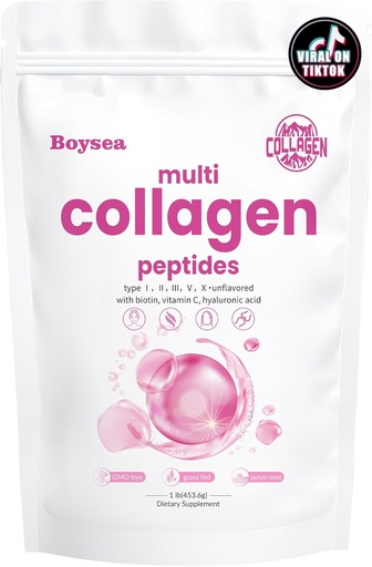[BRSRAYIFC4MBMYI7] Boysea. Powder Multi-Colagen Peptidy - Hydrolyzovaný proteín Peptid Typy I, II, III, V, X s biotínom a vitamínom C, podporuje pokožku, vlasy, nechty, a kĺb, Neflavované, non-GMO, Gluten-free, Easy Mix 1LB