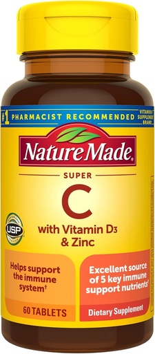 [BRSWGA32CAPBQ2TV] Natura Super C con vitamina D3 e zinco, Integratore alimentare per il supporto immunitario, 60 compresse, 60 giorni di alimentazione
