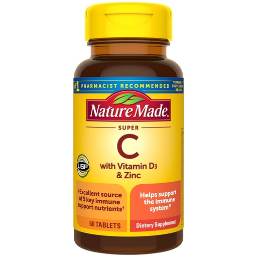 [BRSWGA32CAPBQ2TV] Nature Made Super C, Vitamin C and Zinc with Vitamin D3, Dietary Supplement for Immune Support, 60 Tablets, 60 Day Supply