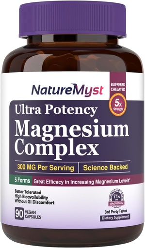 [BRSRMZQNPIIWK3D6] Magnesium Complex, 300 mg Elemental Magnesium, Glycinate, Citrate, Malate, High Potency, Best Absorption, for Muscle, Nerve, Heart, Sleep, Constipation & More, 90 Vegan Caps