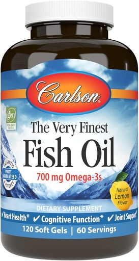 [BRSWIYILCUABM33Y] Carlson - The Very Finest Fish Oil, 700 mg Omega-3s, Norveç Fish Oil Supplement, Wild Caught Omega-3 Fish Oil, Sustainable Sourced Fish Oil Capsules, Omega 3 Supplement, Lemon, 120 Softgels