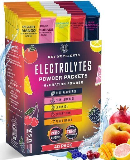 [BRSRMCAKC4GWCD3U] KEY NUTRIENTS 40 Pack Multivitamin Hydration Packets - 5 Delicious Flavors - Electrolytes Powder Packets No Sugar - Sin calorías, Gluten Gratis, Keto - 40 Servings - Made in USA