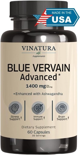[BRSROAIZAQMQYHLD] VINATURA Blue Vervain Zaawansowane z Ashwagandha - 1400mg na serv, Blue Vervain kapsułki, Blue Vervain Tea Alternative, Zdrowie mózgu, Stress Relief, Ashwagandha Suplementy - 60 Kapsułki