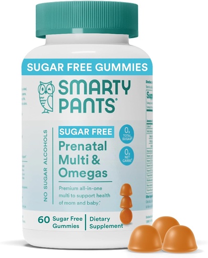 [BRSRMBL3AAOWCAD7] SmartyPants Vitaminas pré-natais para mulheres, Gummies multivitaminas sem açúcar: metilfolato, Omega 3 (ALA) Vitamina D3, C, Vitamina B12, B6, A, K & Zinc, Inositol, Eritritol livre, 60 contagem (20 fornecimento dia)