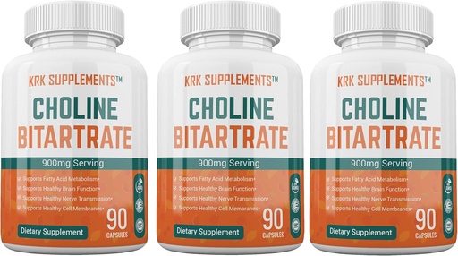 [BRSWI2QOOEMRU2I3] 3 Bottles Choline Bitartrate 900mg Per Serving 270 Total Capsules KRK Supplements