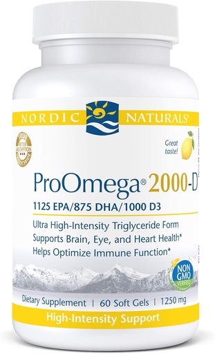 [BRSWG2YQOQIWKDL2] Naturales nórdicos ProOmega 2000-D - Aceite de pescado, 1125 mg EPA, 875 mg DHA, 1000 UI Vitamina D3, Cardiovascular, Neurológica, Ojo y Salud Inmune, Sabor de limón, 60 Gels blandos