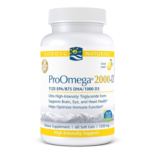 [BRSWG2YQOQIWKDL2] Nordic Naturals ProOmega 2000-D - Fish Oil, 1125 mg EPA, 875 mg DHA, 1000 IU Vitamin D3, Cardiovascular, Neurological, Eye, and Immune Health, Lemon Flavor, 60 Soft Gels