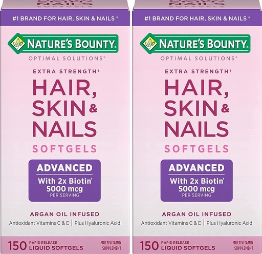 [BRSROZD6OUMGAFDL] Nature's Bounty Hair, Skin & Nails Rapid Release Softgels, Argan-Infused Vitamin Supplement with Biotin and Hyaluronic Acid, Supports Hair, Skin, and Nail Health for Women, 150 Count (Pack of 2)