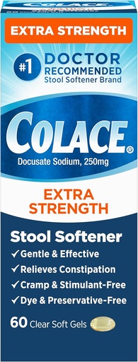 [BRSRAFI7O4IAKCDX] Colace Extra Strength Stol Softener за нежно ефективно облекчаване на запек, #1 Лекар препоръчва Stol Softener Brand, 250 mg Docusate капсули, 60 броя (пакет от 1)