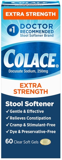 [BRSRAFI7O4IAKCDX] Colace Extra Strength Stool Softener, 60 Count, Gentle Constipation Relief for Adults, 250 mg Docusate Capsules, #1 Doctor Recommended Stool Softener Brand