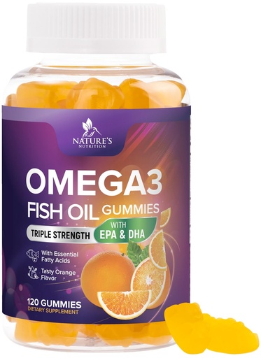 [BRSRAGQ6PMHG2ET2] Omega 3 Fish Oil Gummies - 3X Strength Heart Health Support - High Absorption Omega 3 Fish Oil Gummy Supplement with DHA & EPA - Joint & Brain Support for Adults - Tasty Orange Flavor - 120 Gummies