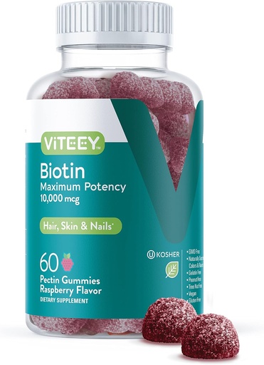 [BRSWYCQ6O57WYG3L] Viteey Biotin Gummies for Hair Skin and Nails - Biotin for Hair Growth Gummies - 10,000 mcg - Vegan, Gluten-Free, Non-GMO – 60 Count