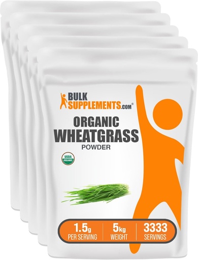 [BRSWKFIOAAFWE2Y3] BulkSupplements.com Organic Wheatgrass Powder - Organic Super Greens Powder, Superfoods Supplement - Vegan & Gluten Free, 1.5g per Serving, 1kg (2.2 lbs) (Pack of 5)
