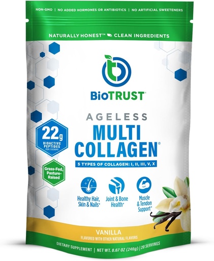 [BRSWYBT7AV7RUFLG] BioTrust Ageless Multi Collagen Pettides на прах       по 5 Types (I, II, III, V, X)  гофрирани колаген на прах за жени и мъже  по хидролизираните протеи  порции Fed Beef, Fish, Chicken, Egchshell Membrane