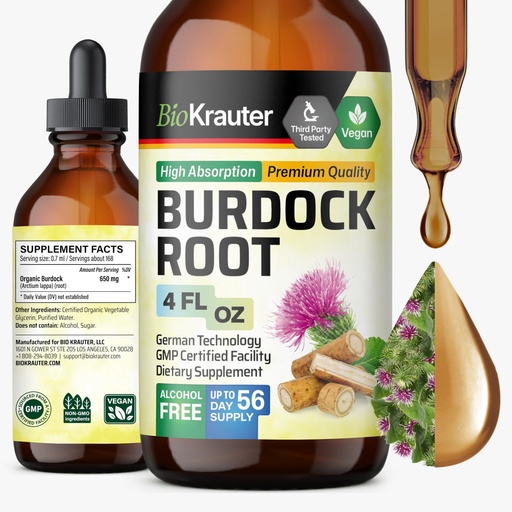 [BRSROGA6DEGRQGTG] BIO KRAUTER® Burdock Root - Liquid Drops Arctium Extract 650 mg per Serving 4 Fl.Oz 56-Day Supply - Pure Vegan Burdock for Natural Cleanse & Detox, Skin & Digestive Support - Alcohol & Sugar Free