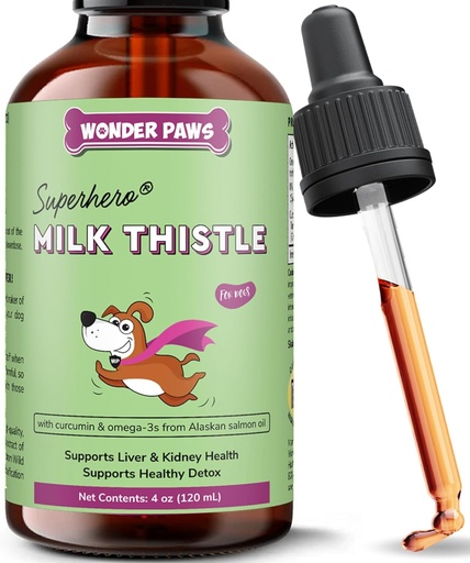 [BRSROCQYPMMWKHL3] Wonder Paws Milk Thistle, Liver Support for Dogs, Supports Kidney Function for Pets, Detox, Hepatic Support, with Wild Alaskan Salmon Oil & Curcumin, Omega 3 EPA & DHA (4 Oz)