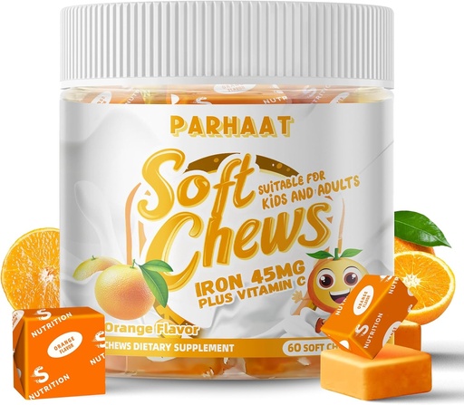 [BRSRAGILDMPR4H3Z] Iron Soft Chew Supplement with Vitamin C | Orange Flavored | Gluten Free | Iron Supplement for Women Men and Kids | 60 Count | 2 Month Supply